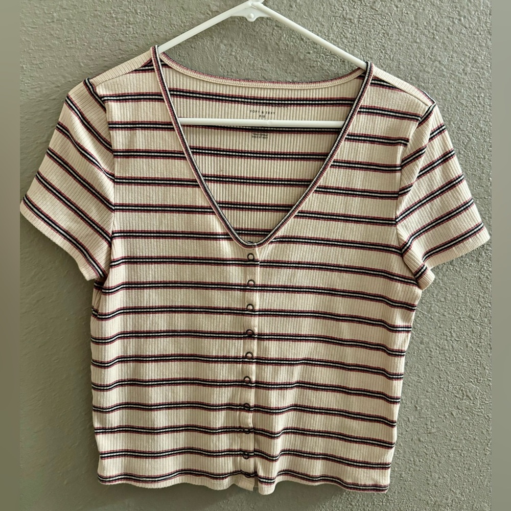 American Eagle Soft & Sexy Rib Striped Shirt Snap Front Size L V-Neck Cropped